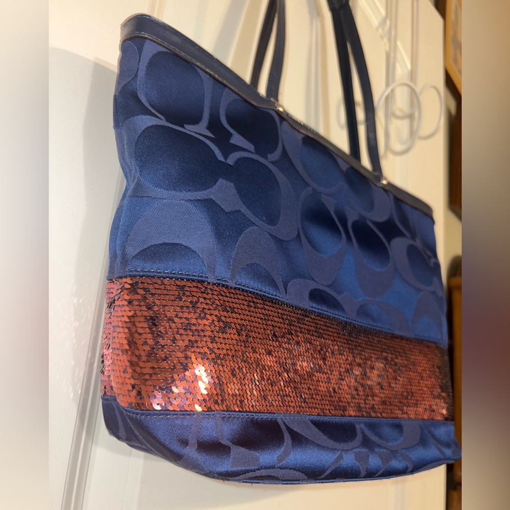 Coach Signature Stripe Sequin Tote Navy Blue Burgundy Patent Trim (F17574) - Picture 6 of 13